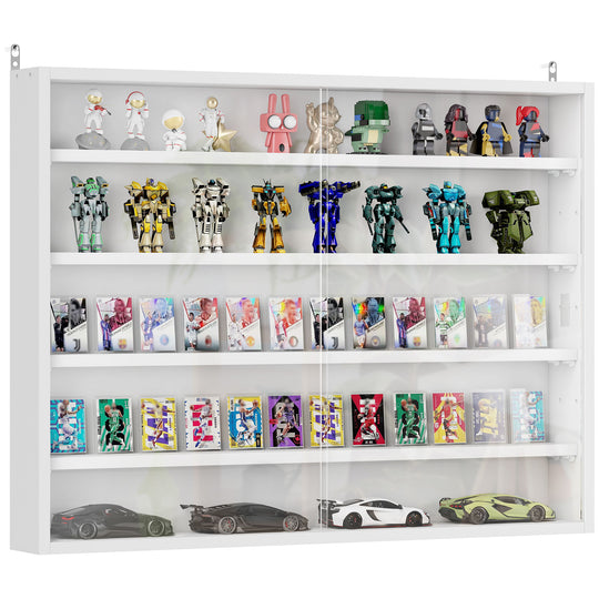 5-Tier Display Cabinet, Shot Glass Display Case, Glass Curio Cabinet with 2 Glass Doors and 4 Adjustable Shelves, White
