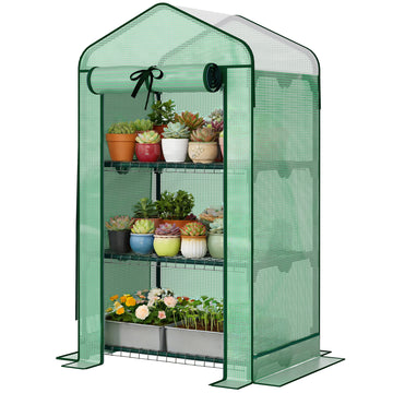 Mini Greenhouse with Screen Roof, Portable Small Greenhouse with Roll-Up Zipper Door, 27.6
