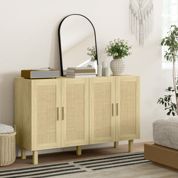 Boho Sideboard Buffet Cabinet, Storage Cabinet with 4 Rattan Doors and Adjustable Shelves, Natural