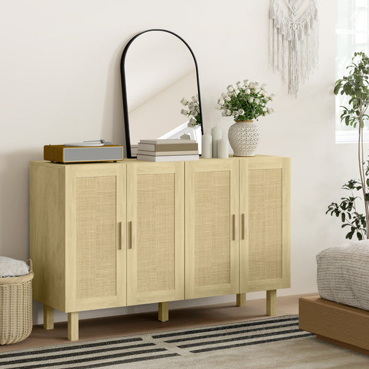 Boho Sideboard Buffet Cabinet, Storage Cabinet with 4 Rattan Doors and Adjustable Shelves, Natural