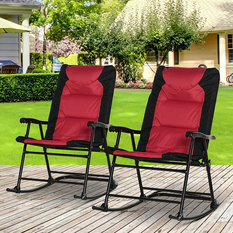 Folding Rocking Chair Set of 2 Padded Rockers with Armrest, Red & Black