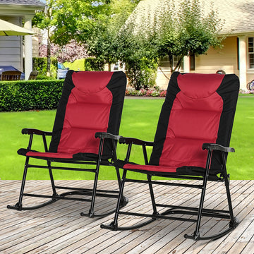 Folding Rocking Chair Set of 2 Padded Rockers with Armrest, Red & Black