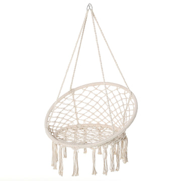Patio Hammock Chair, Hanging Rope Hammock Swing for Indoor & Outdoor Use with Backrest, Cotton-Polyester Blend, Fringe Tassels, Cream White