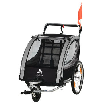 2 Seat Bike Trailer for Kids 2-in-1 Double Baby Stroller with Handbrake, Rubber Wheels, 5 Point Harness, Waterproof Cover, Storage Bag, Reflectors, Grey