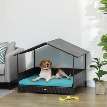 Outdoor Dog House Wicker Dog Bed with Soft Cushion Washable Cover, for Medium Large Dogs Indoor Outdoor, Blue