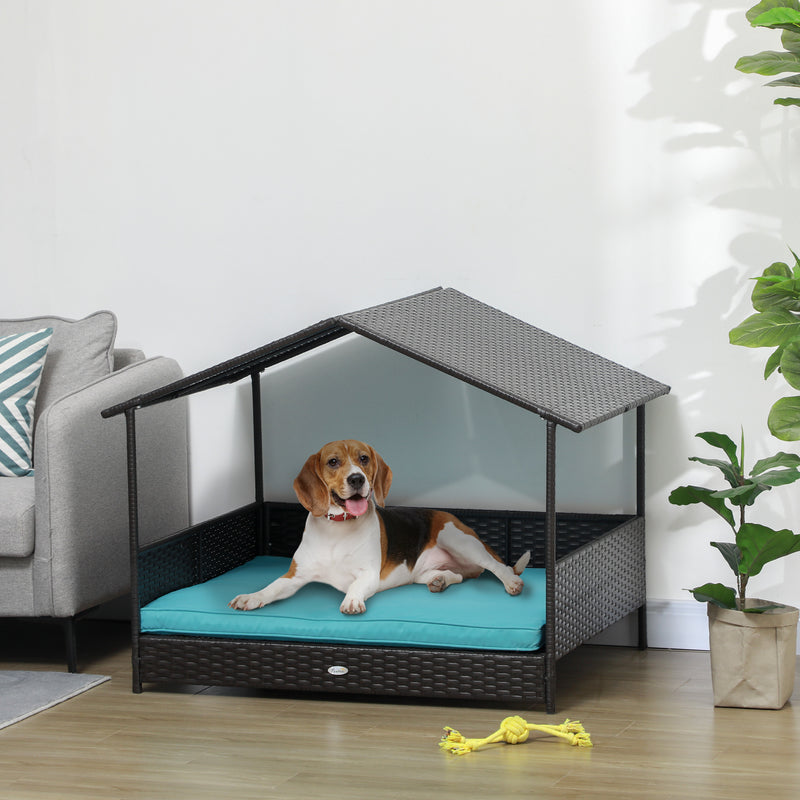 Outdoor Dog House Wicker Dog Bed with Soft Cushion Washable Cover, for Medium Large Dogs Indoor Outdoor, Blue