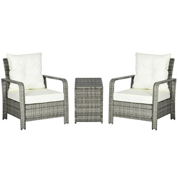 3 Pieces Wicker Patio Furniture Set, Rattan Bistro Set with Storage Coffee Table and Thickened Cushions, Outdoor Conversation Set for Garden, Porch, Balcony, Beige