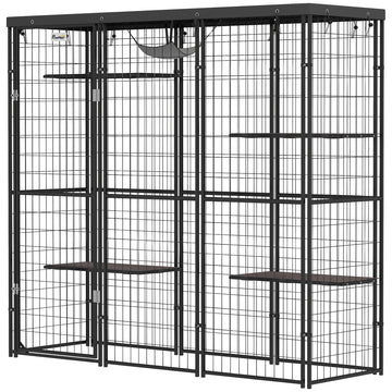 Weld Wire Catio Outdoor Indoor with Waterproof Cover, 4 Jumping Platforms, Hammock, 69