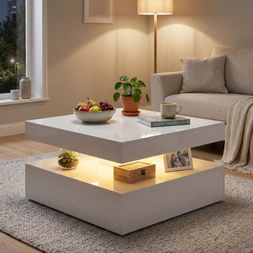 LED Coffee Table with Storage, 2-Tier Modern Center Table with Open Shelf and Remote for Living Room, High Gloss White