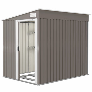 5x7 Garden Shed, Lean-to Metal Storage with Foundation, Sliding Door & 2 Vents for Garden Tools, Light Grey