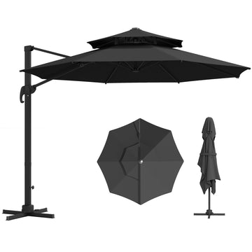11ft Outdoor Cantilever Umbrella Rotatable Sun Shade Aluminum Market Umbrella with Adjustable Angle & Double-top Canopy for Backyard, Poolside, Lawn and Garden Dark Grey