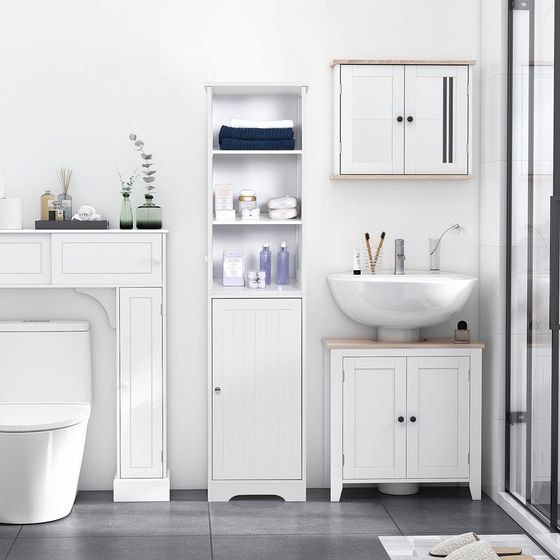 Tall Bathroom Storage Cabinet, Freestanding Tower Cabinet with Adjustable Shelf, 3 Open Shelves, White