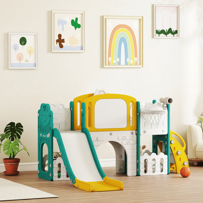 Qaba 7 in 1 Toddler Slide with Basketball Hoop, Climbing Frame, Telescope, Drawing Board, Storage Box for Ages 1-3