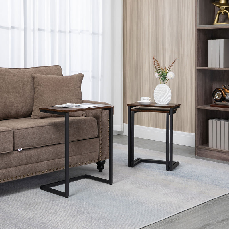 Nesting End Tables Set of 3, Industrial C-Shaped Snack Side Table with Steel Frame for Sofa Couch, Bed, Living Room, Rustic Brown
