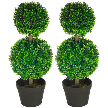 Artificial Boxwood Topiary Tree Set of 2, Faux Boxwood Ball Trees in Pot, Fake Plant for Indoor Outdoor Decor, Green