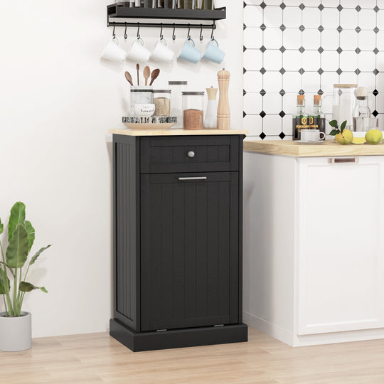 Kitchen Tilt Out Trash Bin Cabinet, Free Standing Recycling Cabinet, Trash Can Holder with Drawer, Black