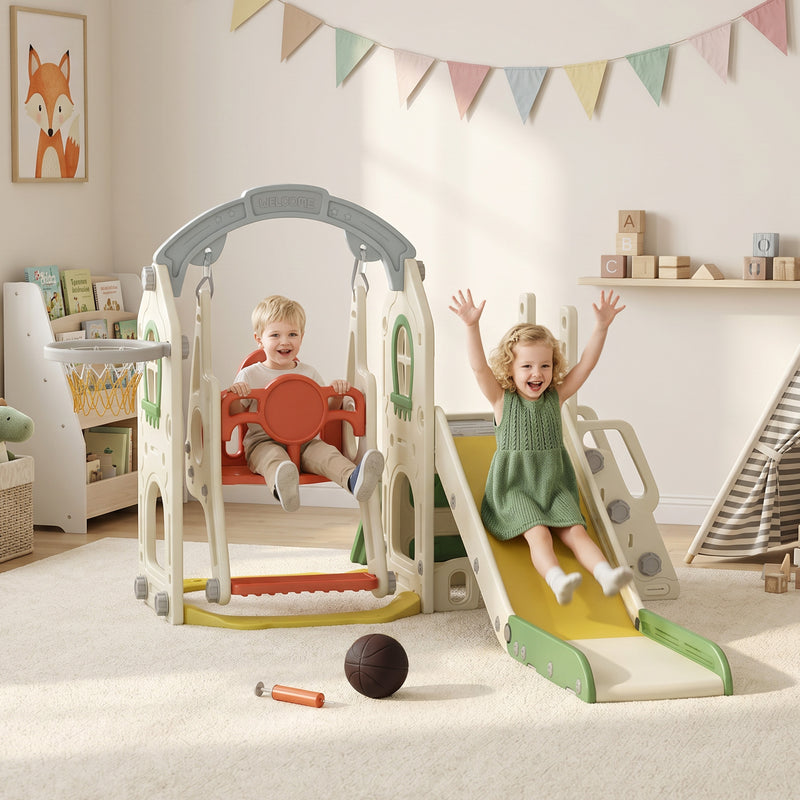 Qaba 5-in-1 Toddler Slide and Swing Set with Adjustable Swing Seat, Climber and Basketball Hoop for Indoor Outdoor, Cream