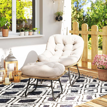 Rattan Chair w/ Stool, Cushion, Adjustable Foot Pads, Natural