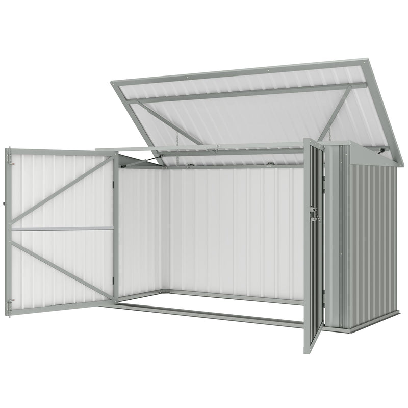 7.6 x 3.4ft Outdoor Storage Shed, 3 Garbage Bin Shed Organizer with Lockable Double Doors, Openable Lid, Silver Grey