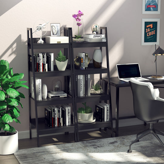 Set of 2, 4 Tier Ladder Shelf Bookcase, Multi-Use Display Rack, Storage Shelving Unit Display Stand, Flower Plant Stand, Home Office Furniture, Black
