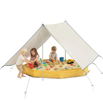 Qaba Wooden Kids Wooden Sandbox with Large Canopy, Outdoor Sand Box with 4 Bench Seats, Bottom Liner for Aged 3-8, Yellow