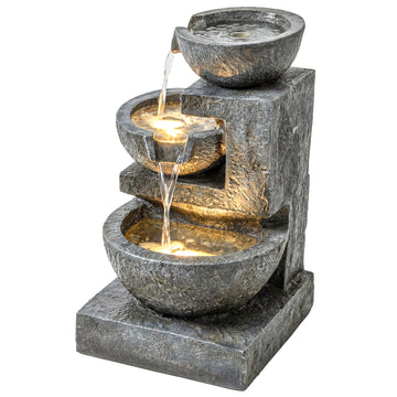 3-Tier Outdoor Water Fountain, Garden Waterfall Fountain with LED Lights and Pump, Indoor Freestanding Resin Waterfall