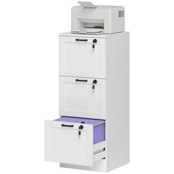 Vertical Filing Cabinet with 3 Drawers, Lock, File Cabinet for Home Office, A4 and Letter Size Files, White