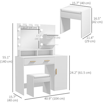 Illuminated Dressing Table Set, LED Vanity Table Set with Stool, LED Mirror, Drawer and Cabinet Shelves for Bedroom, White