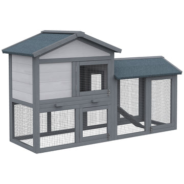 Wood Rabbit Hutch Backyard Bunny Cage Small Animal House Asphalt Roof w/ Ramp and Outdoor Run Dark Grey