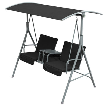 2-Seater Outdoor Porch Swing with Adjustable Canopy and Table, Patio Swing Chair for Garden, Poolside, Backyard, Black