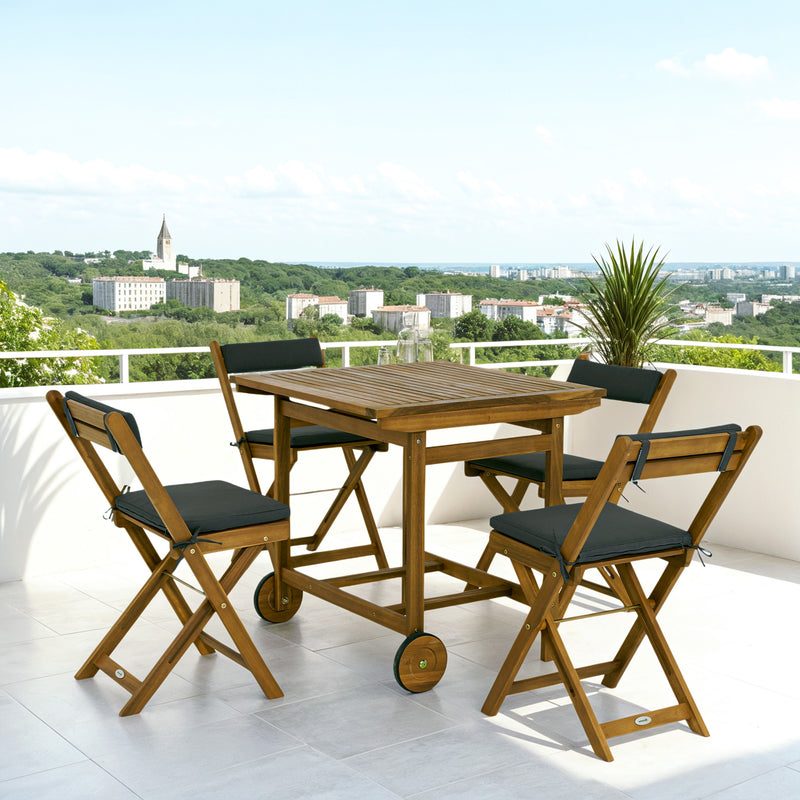 5 Pieces Wood Patio Dining Set, Wheeled Patio Table and Folding Chairs with Cushions for Garden Backyard Poolside, Teak