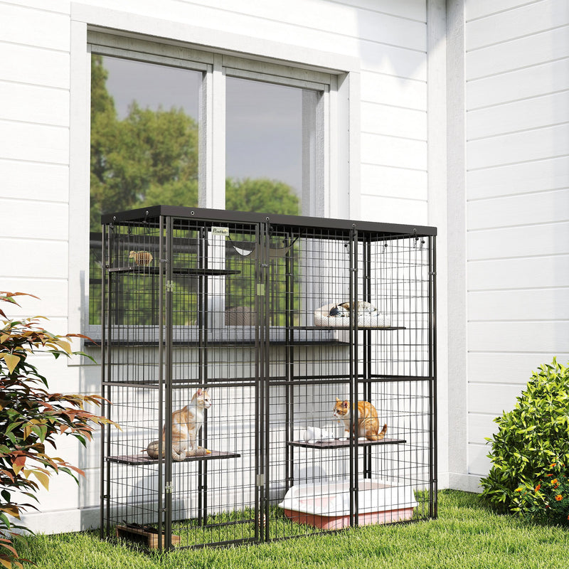 Weld Wire Catio Outdoor Indoor with Waterproof Cover, 4 Jumping Platforms, Hammock, 69