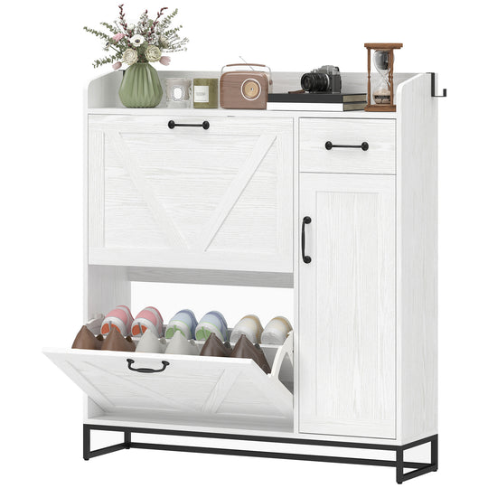 Farmhouse Shoe Storage Cabinet with Side Cabinet and Adjustable Shelves for Entryway, Hallway, Holds 12 Pairs, White