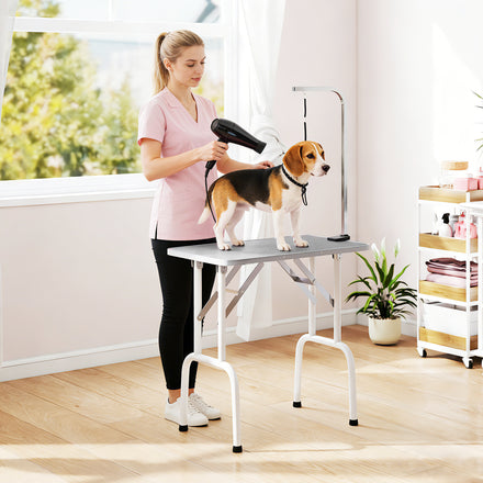Foldable Pet Grooming Table for Dogs Cats with Adjustable Arm, Non-slip Surface, Grey