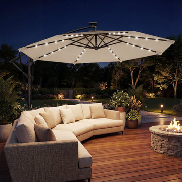 11.3 ft Cantilever Patio Umbrella with Light, Cover, Aluminium UPF50+ Offset Outdoor Umbrella Parasol, Khaki