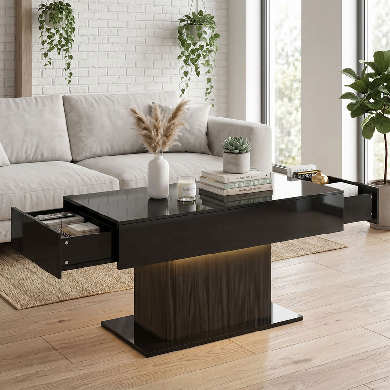 LED Coffee Table with Storage, High Gloss Modern Center Table with 2 Drawers and Remote Control for Living Room