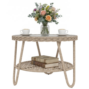Rattan Outdoor Coffee Table, 2-Tier Small Garden Side Table with Storage Shelf, Tempered Glass Top, Adjustable Footpads