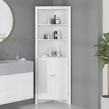 Tall Bathroom Storage Cabinet, Corner Cabinet with Doors, Linen Cabinet with Doors and 3-Tier Shelves, White