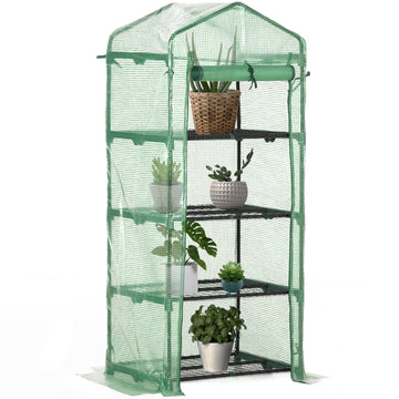 Portable Greenhouse, Outdoor Hot House Plant Flower Greenhouse with 4 Tier Shelves, Steel Frame, PE Cover, Dark Green