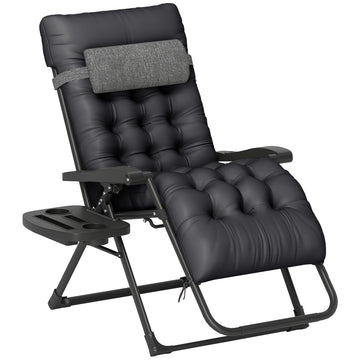 Padded Folding Recliner Chair, Patio Lounger with Cupholder, Adjustable Backrest, Removable Cushion, Black