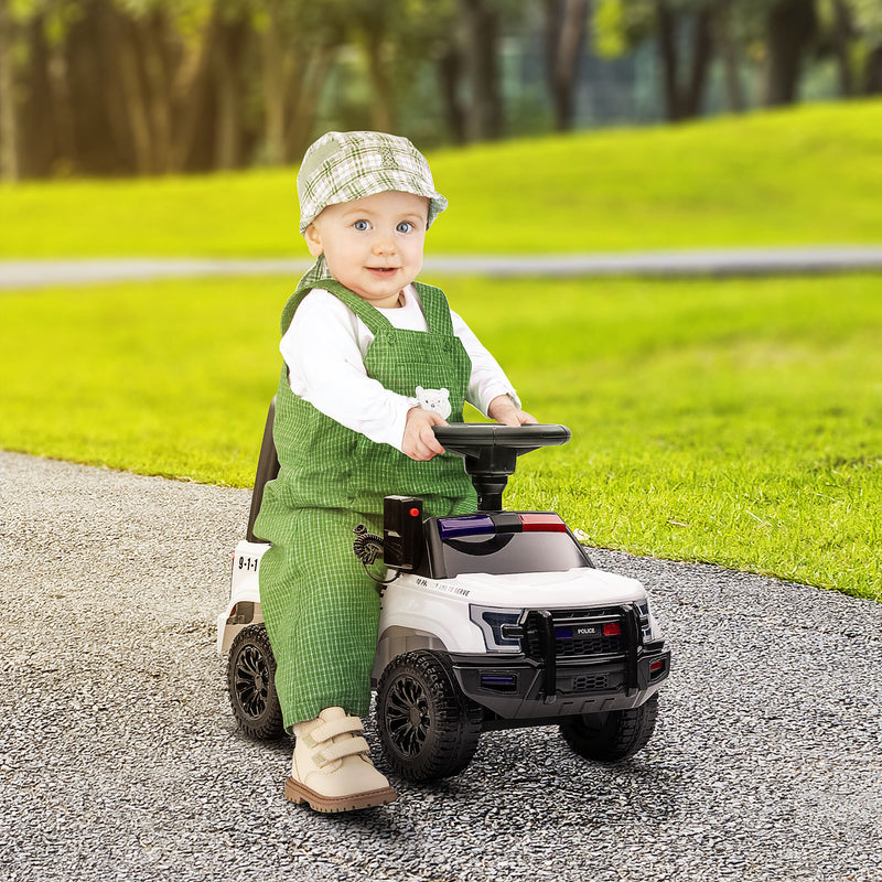 Kids Ride On Sliding Car with Hidden Under Seat Storage, Ride On Police Car for Toddler with Megaphone, Anti Dumping Device, Removable Backrest, Foot-to-Floor Design, White