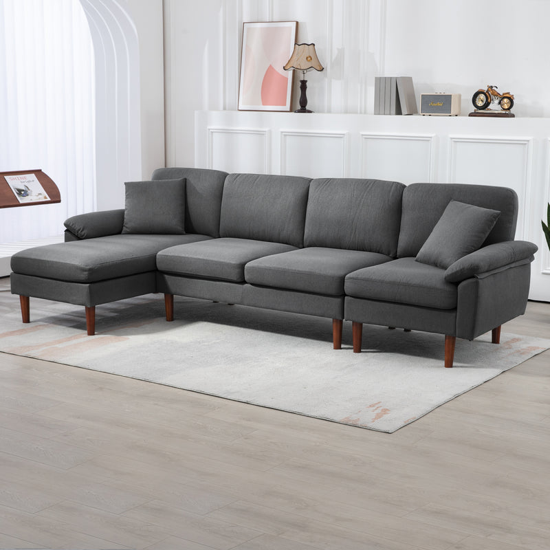 L-Shape Sofa, Modern Sectional Couch with Changeable Chaise Lounge, Pillows and Wooden Legs for Living Room