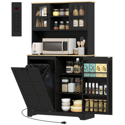 Kitchen Pantry Cabinet with Charging Station, 7 Gallon Trash Can Cabinet, Adjustable Shelves and Acrylic Doors, Black