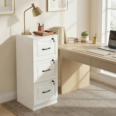 3 Drawer File Cabinet with Lock, Vertical Filing Cabinet with Adjustable Hanging Bars for A4 and Letter Size, White