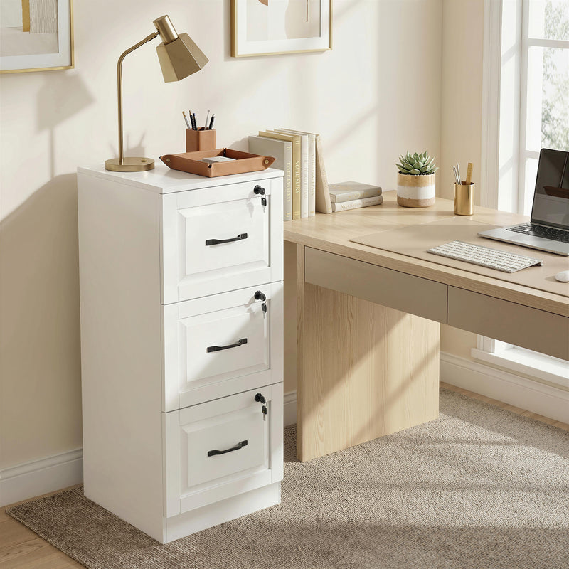 3 Drawer File Cabinet with Lock, Vertical Filing Cabinet with Adjustable Hanging Bars for A4 and Letter Size, White