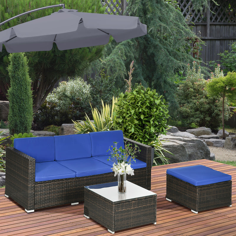 3 Pieces Patio Furniture Set with Cushions, Outdoor PE Rattan Wicker Conversation Corner Sofa Set with Glass Top Table and Adjustable Foot for Garden, Lawn, Blue