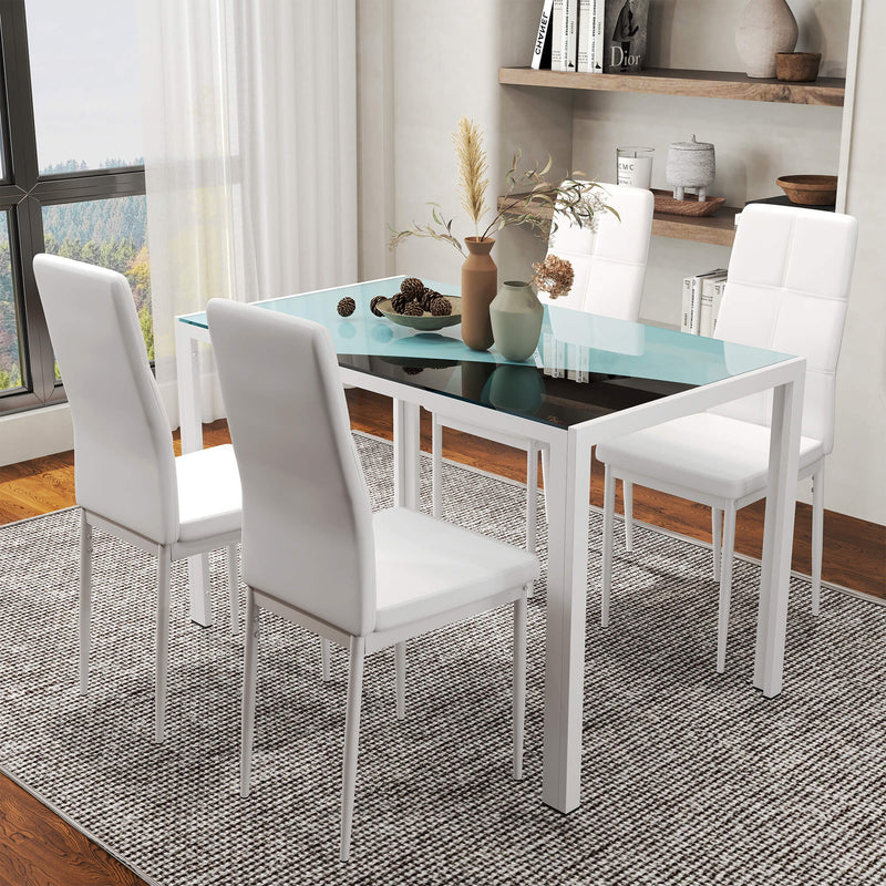 5-Piece Rectangular Glass Kitchen Table and Chairs with Metal Frame and Faux Leather Upholstery for Dining Room