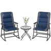 3pc Patio Foldable Rocking Chair Set, Outdoor Rocking Chairs and Table Bistro Set w/ Padded Seat, Headrest, Backrest for park, backyard, garden, Blue