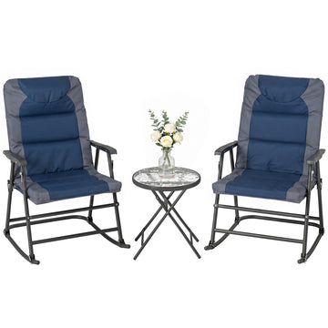 3pc Patio Foldable Rocking Chair Set, Outdoor Rocking Chairs and Table Bistro Set w/ Padded Seat, Headrest, Backrest for park, backyard, garden, Blue