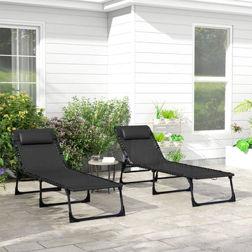 2pcs Folding Lounge Chair, Adjustable Chaise Lounge with Headrest, Reclining Lounger Cot for Camping, Black